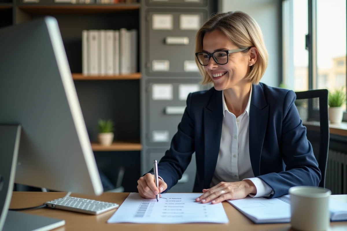 Directrice scolaire vérifiant une liste de tâches dans son bureau
