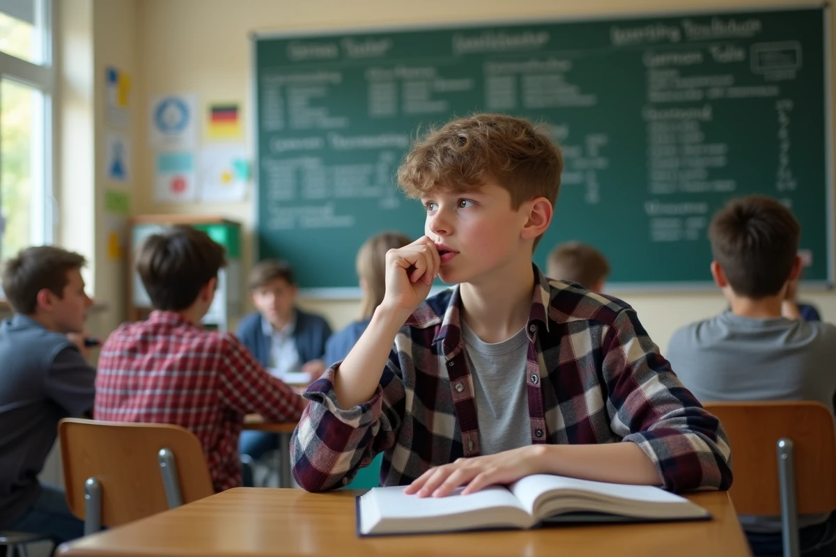 Adolescent concentré en classe avec livre d