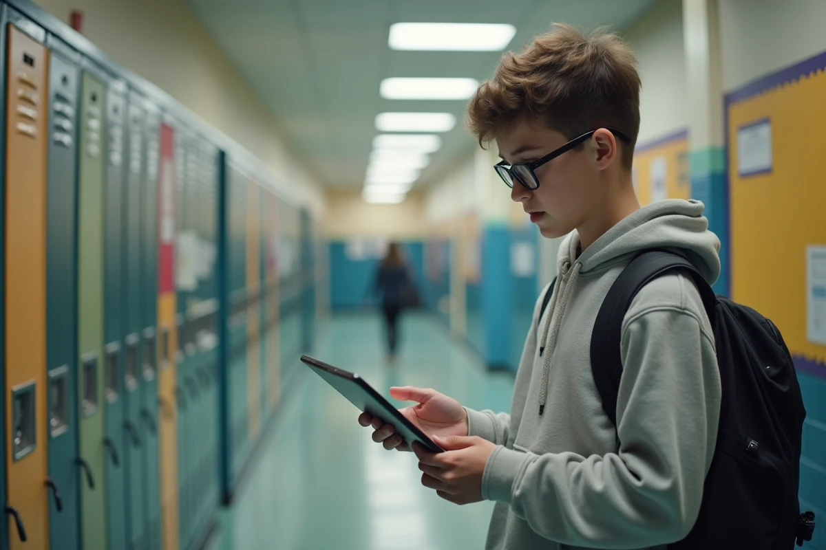 Adolescent utilisant une tablette dans un couloir d