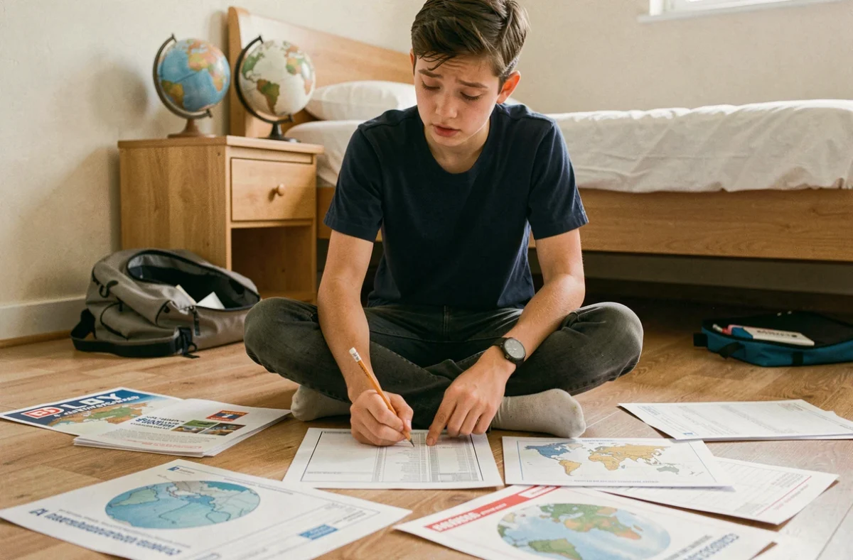 Adolescent comparant des planisphères politiques et physiques à compléter posés sur le sol de sa chambre