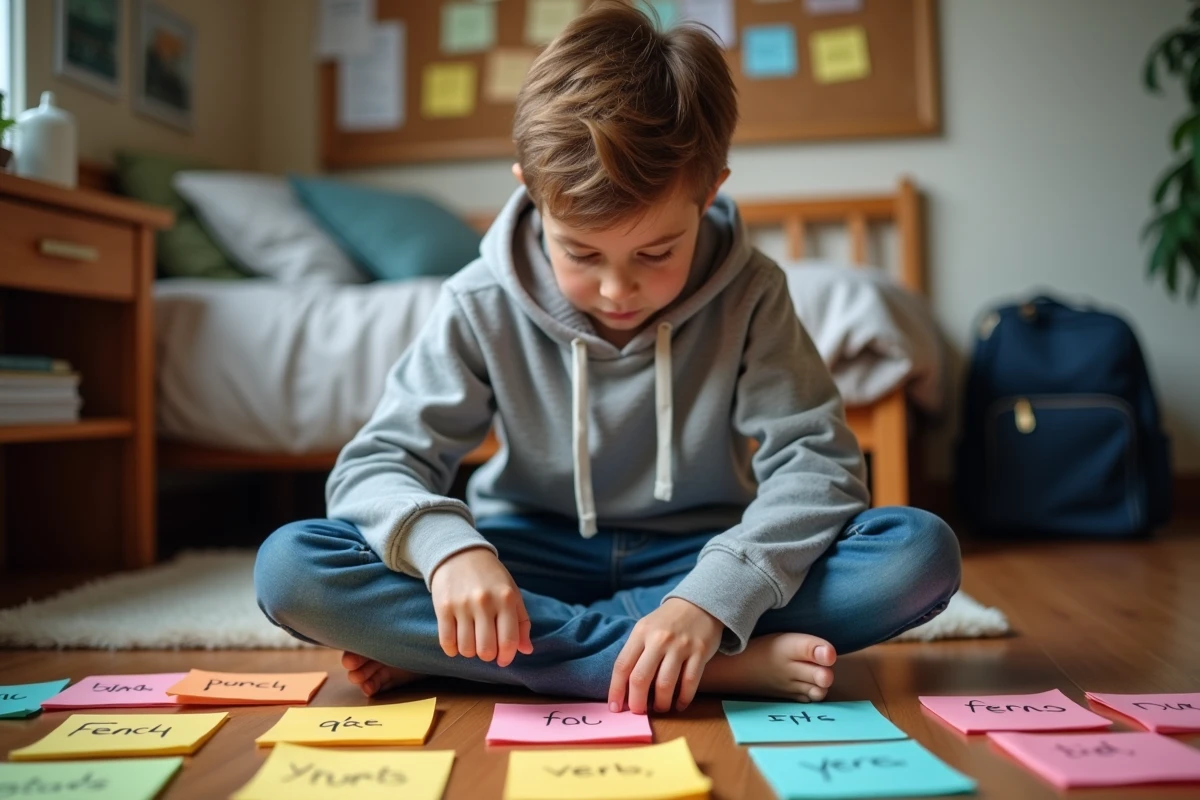 Adolescent qui trie des fiches de conjugaison pour apprendre les verbes du 1er et du 2ème groupe