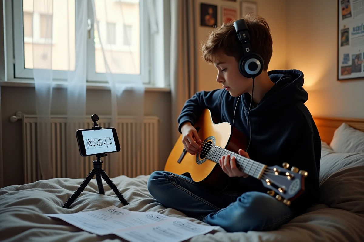 Adolescent apprenant la guitare classique seul dans sa chambre avec une application mobile de cours de musique