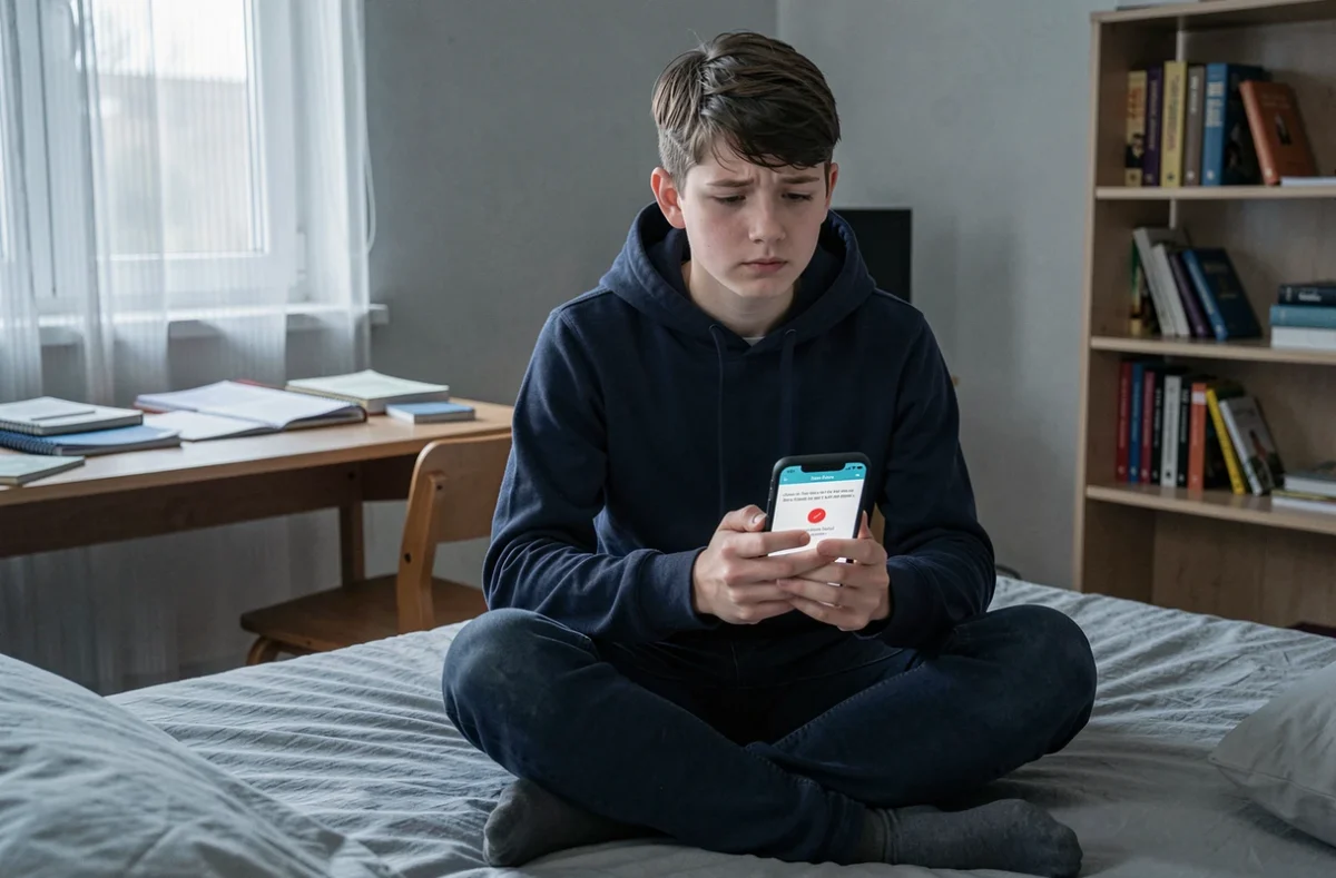 Adolescent consultan son smartphone avec une page d'erreur du portail scolaire Scolinfo dans sa chambre le soir