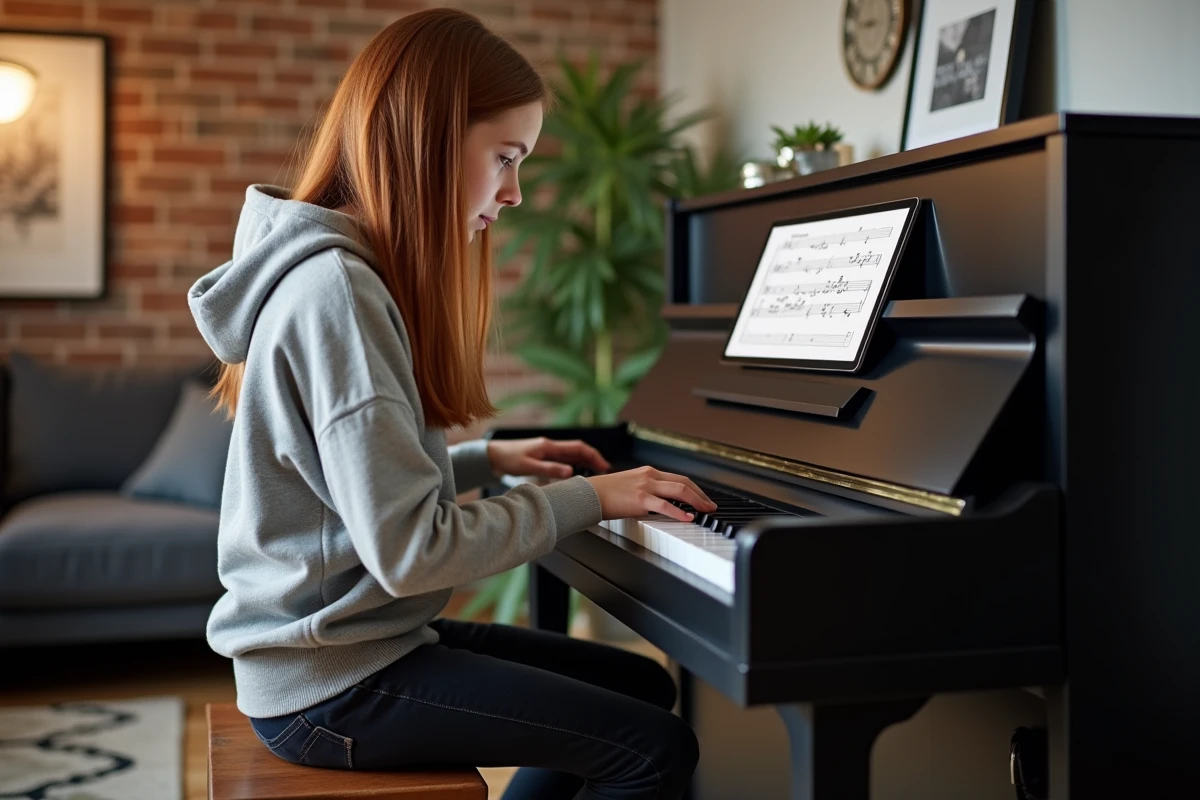 Adolescente apprenant le piano seule chez elle grâce à un tutoriel en ligne sur tablette, dans un appartement urbain