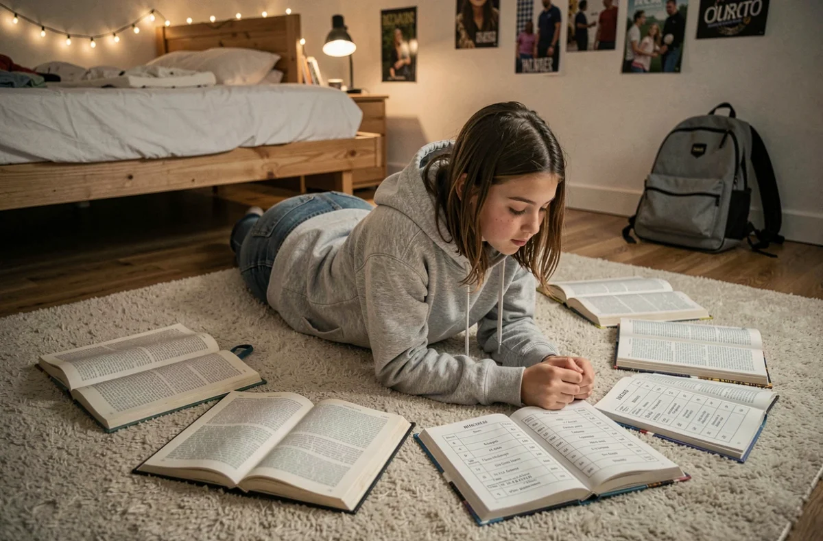Adolescente étudiant des tableaux de conjugaison espagnole comparatifs allongée sur le sol de sa chambre