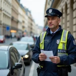 Agent ASVP en uniforme municipal effectuant un contrôle de stationnement dans une rue urbaine