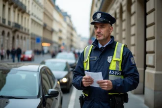 Agent ASVP en uniforme municipal effectuant un contrôle de stationnement dans une rue urbaine