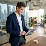 Jeune agent immobilier en costume dans un bureau moderne