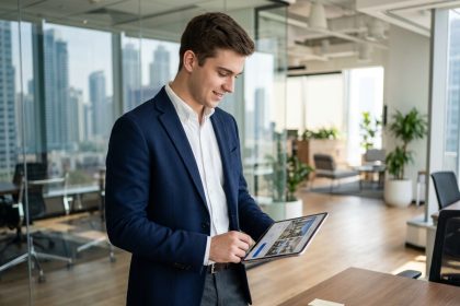 Jeune agent immobilier en costume dans un bureau moderne