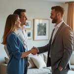 Agent immobilier souriant serre la main d'un couple dans un salon lumineux