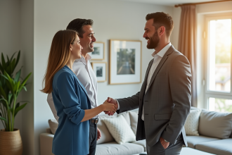 Agent immobilier souriant serre la main d'un couple dans un salon lumineux