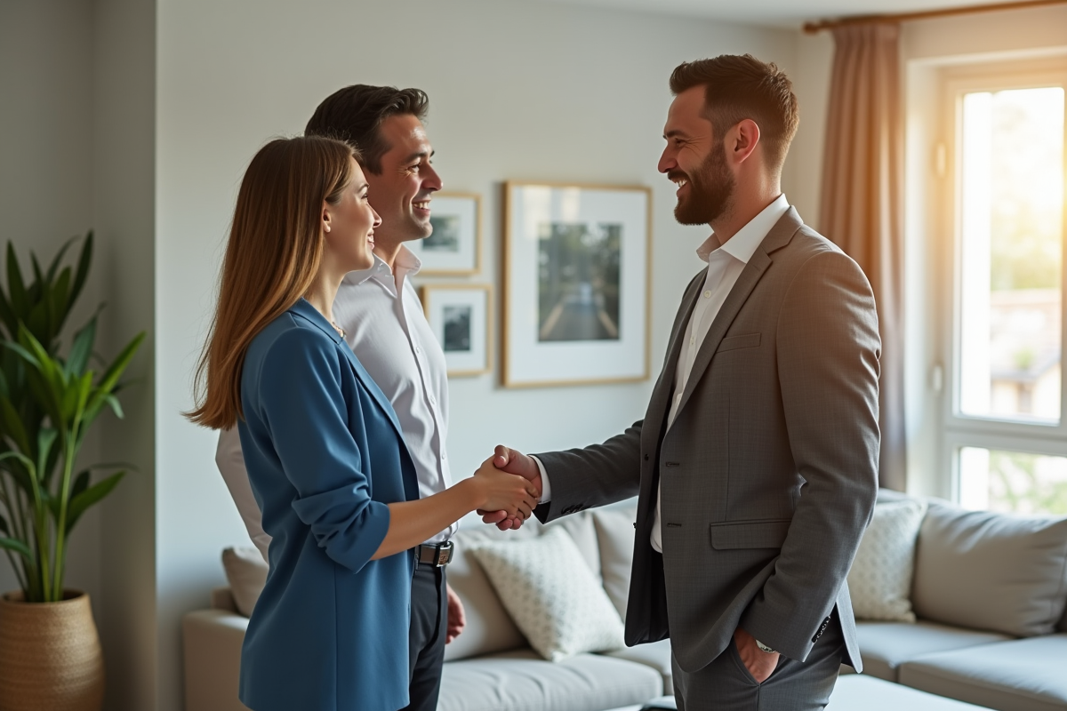 Agent immobilier souriant serre la main d'un couple dans un salon lumineux