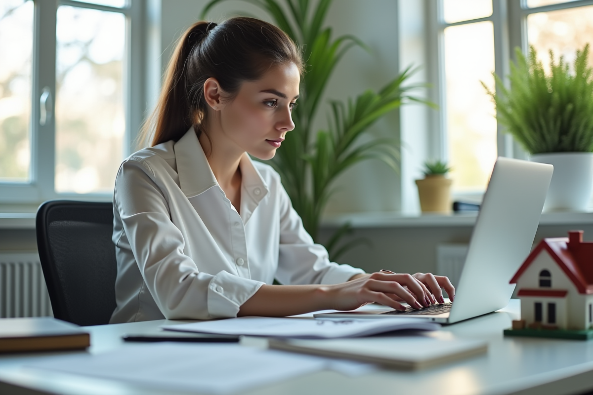 Agent immobilier travaillant sur un ordinateur dans un bureau lumineux