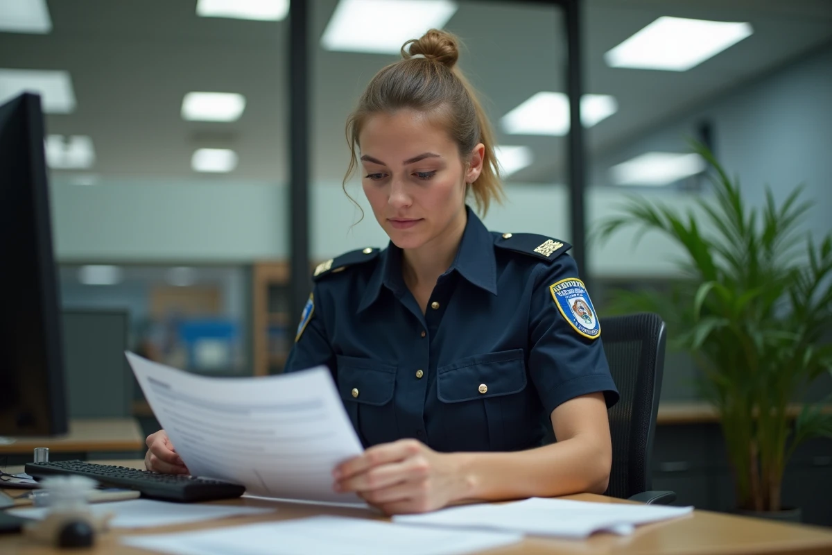 Agente ASVP consultant sa fiche de paie dans un bureau municipal