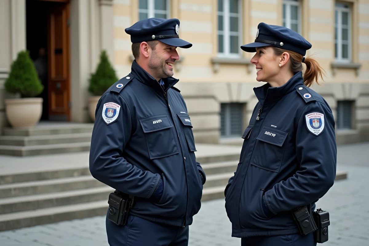 Deux agents ASVP en pause devant un bâtiment municipal discutant de leurs conditions de travail