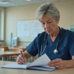 Aide-soignante en formation continue étudiant un livret pédagogique dans une salle de pause hospitalière