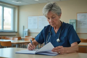 Aide-soignante en formation continue étudiant un livret pédagogique dans une salle de pause hospitalière