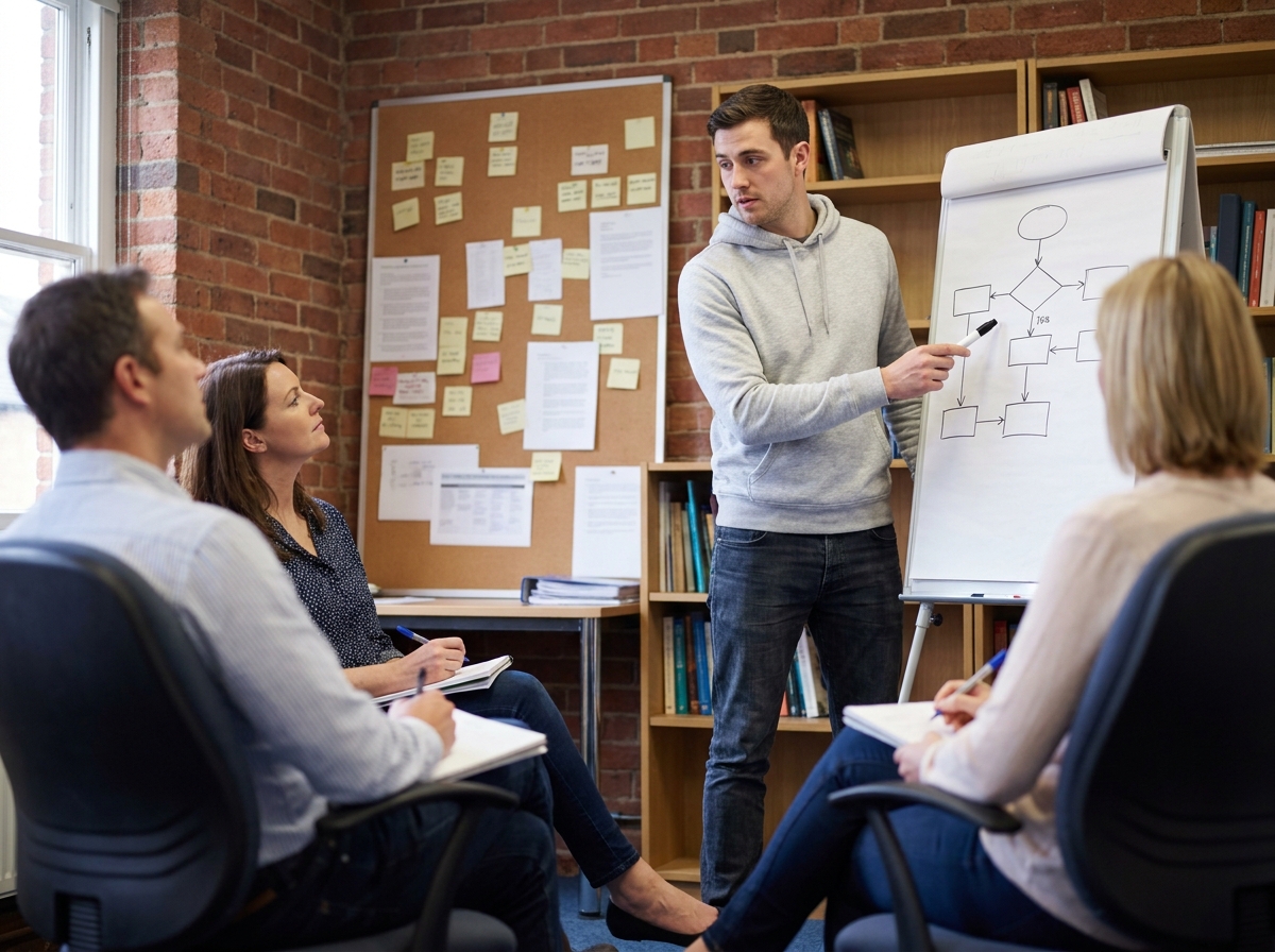 Jeune adulte présentant ses idées à ses pairs dans un cadre de formation participative avec tableau de papier et salle intimiste