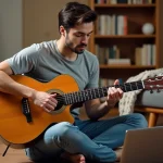 Jeune homme apprenant la guitare acoustique seul chez lui grâce à un cours en ligne sur ordinateur portable