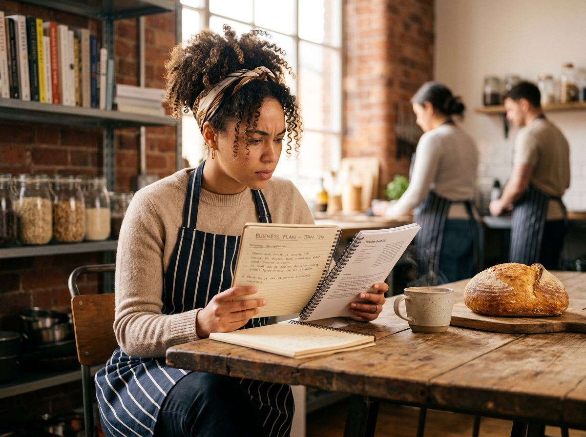 Jeune femme planifiant sa reconversion professionnelle dans la cuisine lors d'un atelier entrepreneuriat culinaire