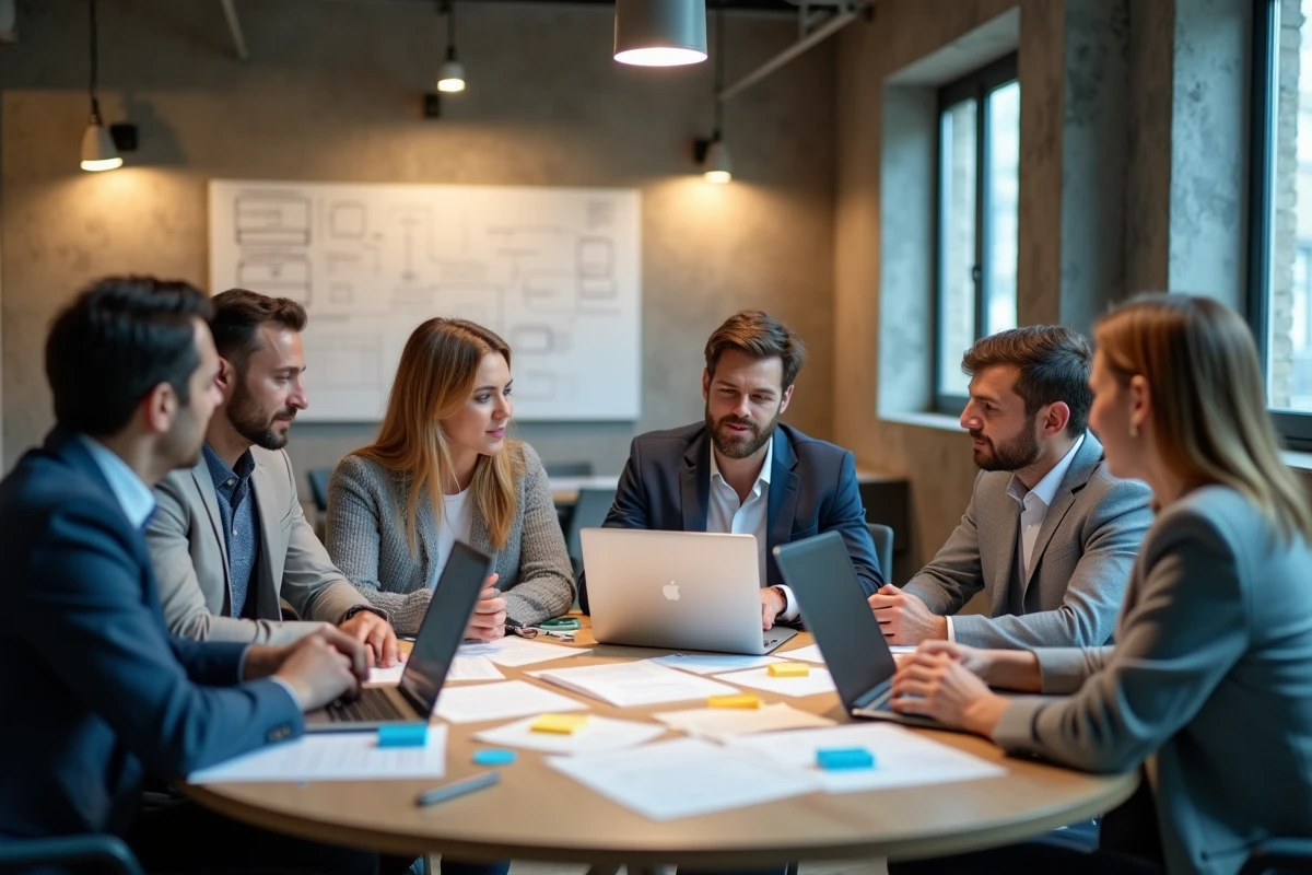 Groupe de managers en atelier collaboratif lors d'un séminaire de formation digitale sur la conduite du changement à Paris