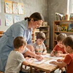ATSEM en blouse bleue accompagnant des enfants en maternelle lors d'une activité de dessin en classe