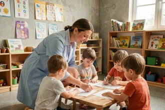 ATSEM en blouse bleue accompagnant des enfants en maternelle lors d'une activité de dessin en classe