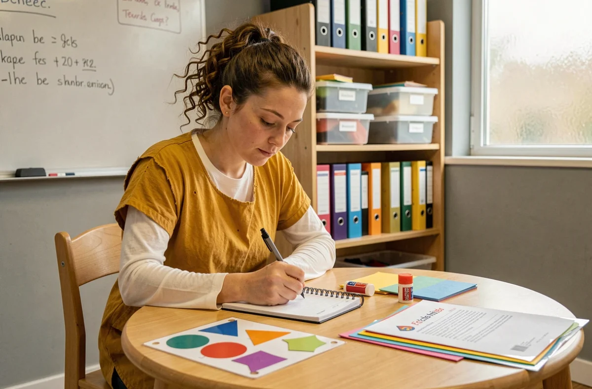 ATSEM préparant des supports pédagogiques et consultant une fiche métier dans une salle de préparation scolaire