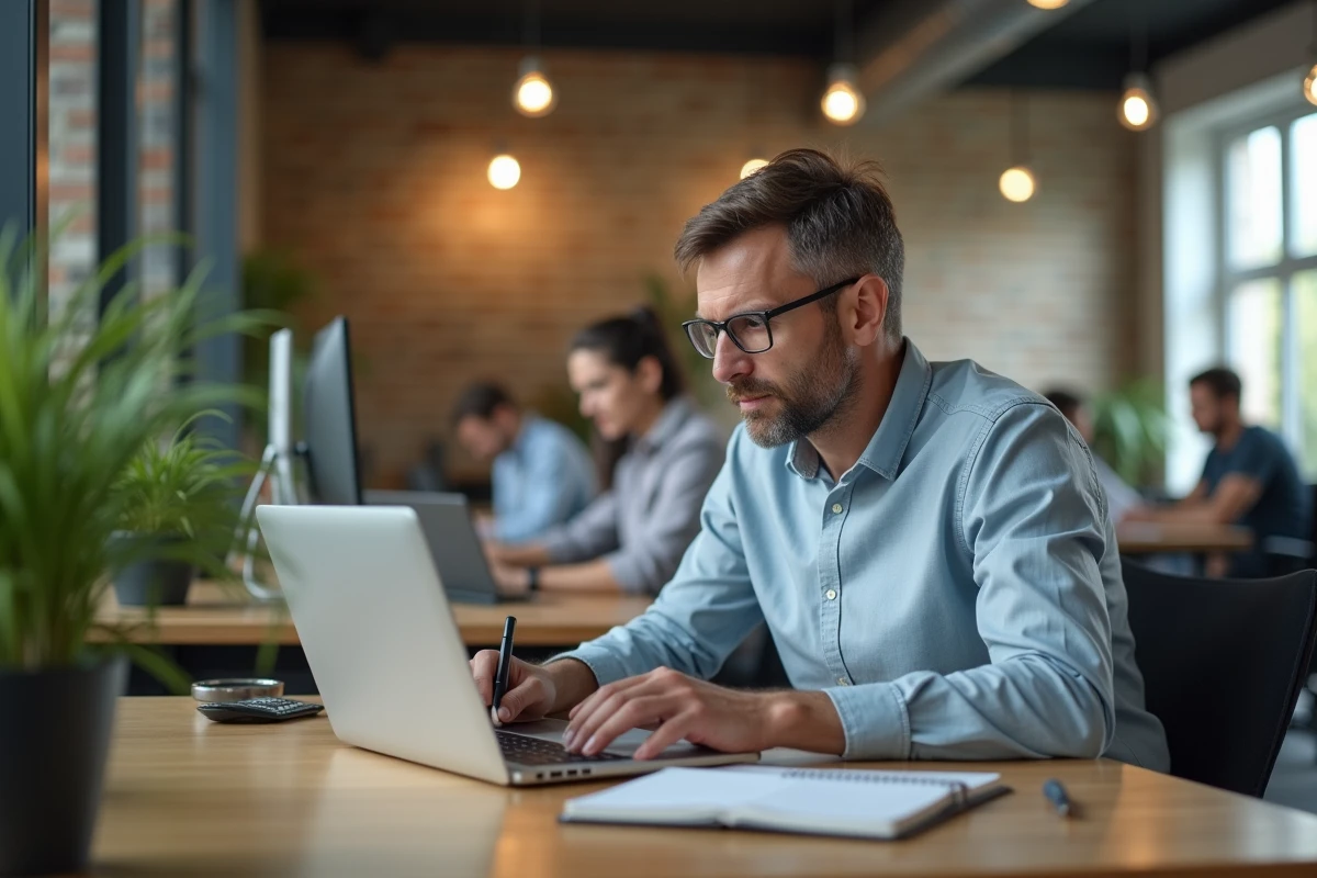 Homme en recherche active d'emploi sur ordinateur dans un espace d'accompagnement professionnel type Solerys, symbolisant le bilan de compétences