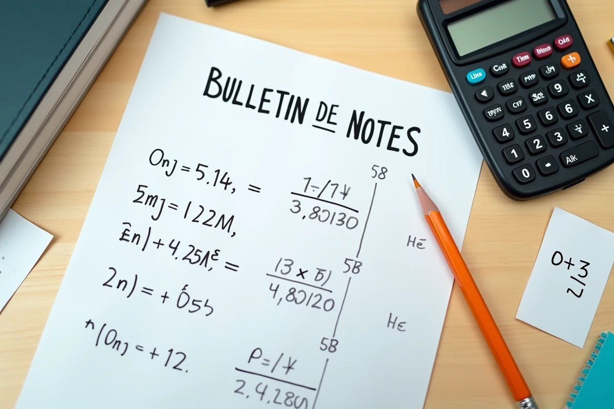 Vue de dessus d'un bureau de lycéen avec bulletin de notes, calculs de coefficients et calculatrice scientifique