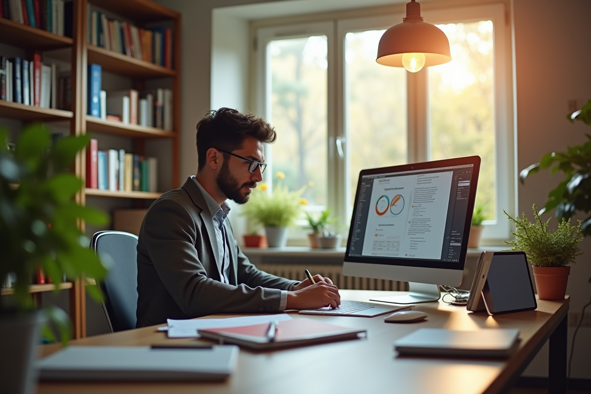 Professeur dans un bureau moderne en Auvergne examinant des documents numériques