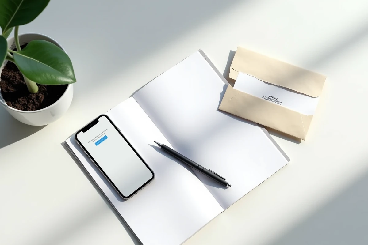 Vue aérienne d'un bureau avec un magazine de formation business ouvert sur une page d'abonnement, un stylo et un smartphone affichant une confirmation d'abonnement
