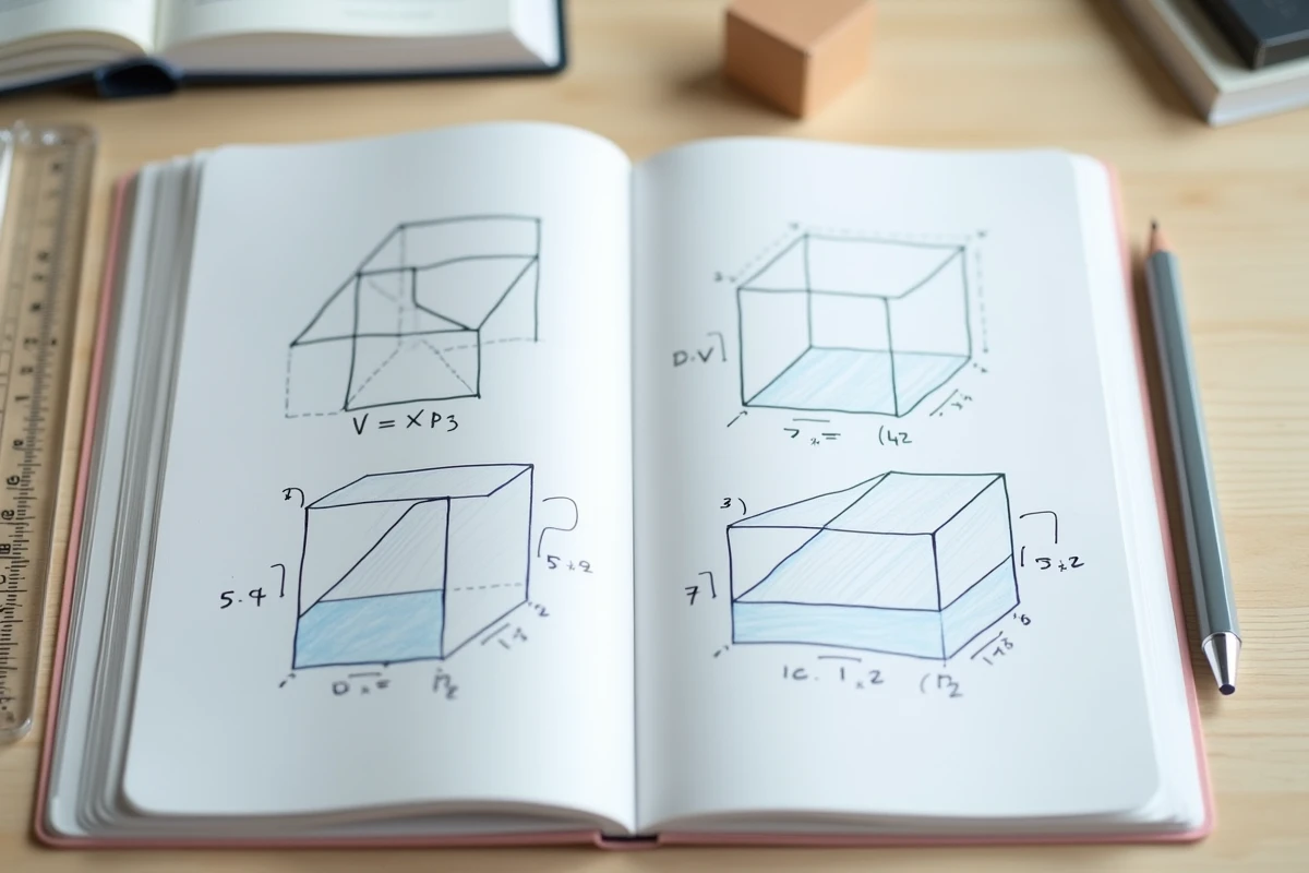Cahier de mathématiques de 6e ouvert avec le calcul du volume d'un cube, formule et schémas annotés à la main