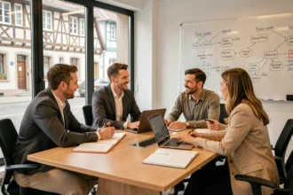 Apprenants en formation professionnelle dans un centre de formation moderne du Bas-Rhin, travaillant en groupe autour d'une table avec des ordinateurs et des cahiers