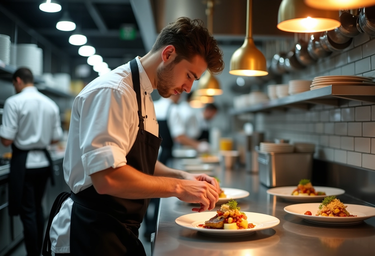 Jeune chef en cuisine en train de dresser un plat gastronomique
