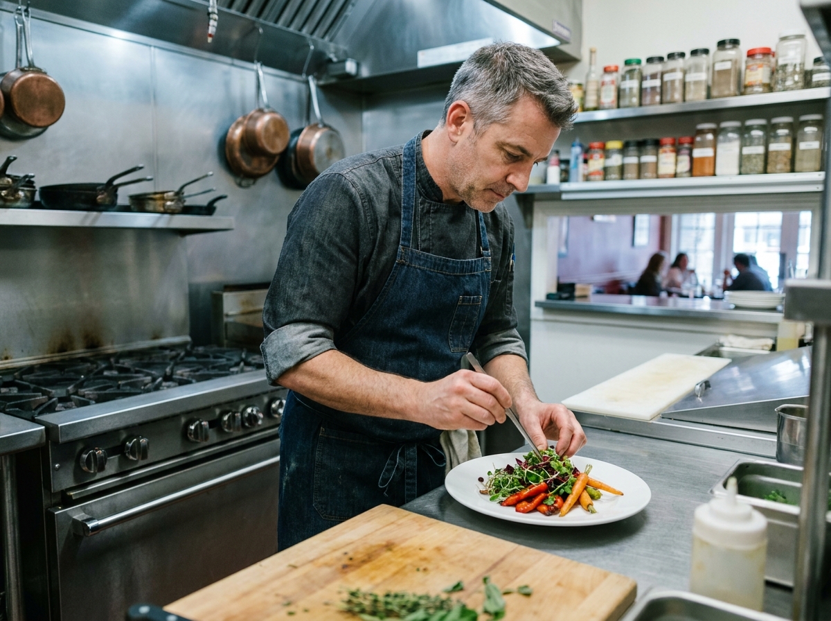 Chef cuisinier en reconversion plaquant un plat raffiné dans la cuisine ouverte d'un petit restaurant
