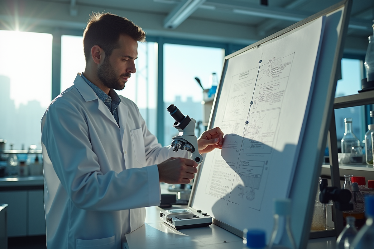 Scientifique ajustant du matériel dans un laboratoire lumineux