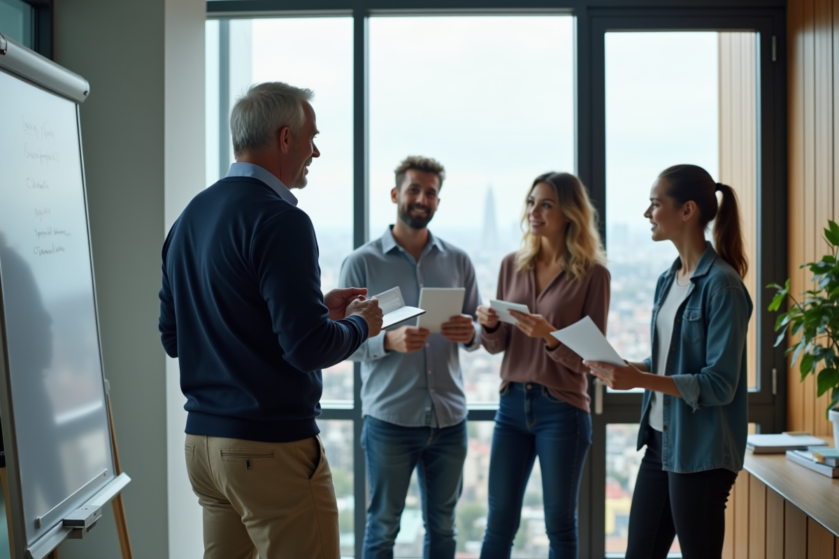 Homme en sweater guide un groupe de jeunes professionnels