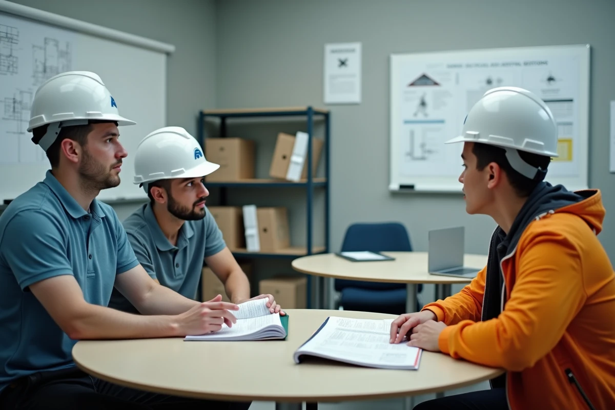 Session de coaching pour la certification BTP avec un formateur et un professionnel du secteur