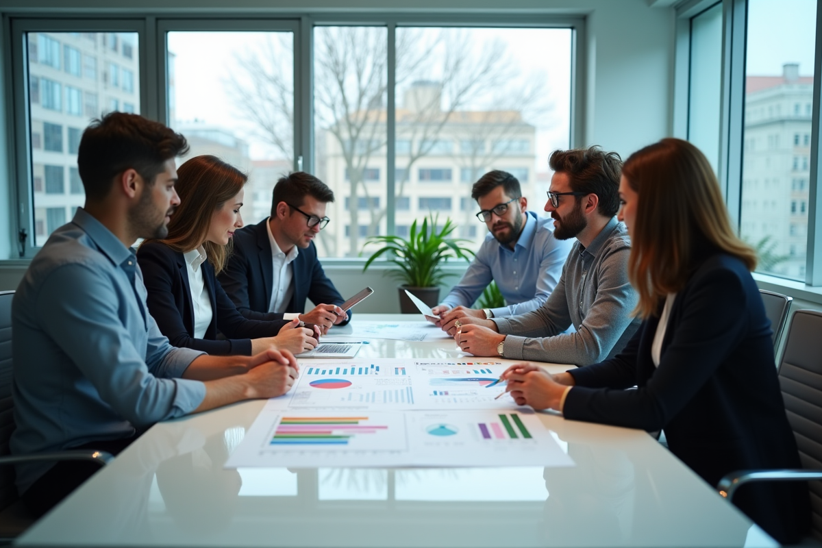 Groupe de professionnels collaborant autour d'une table lumineuse