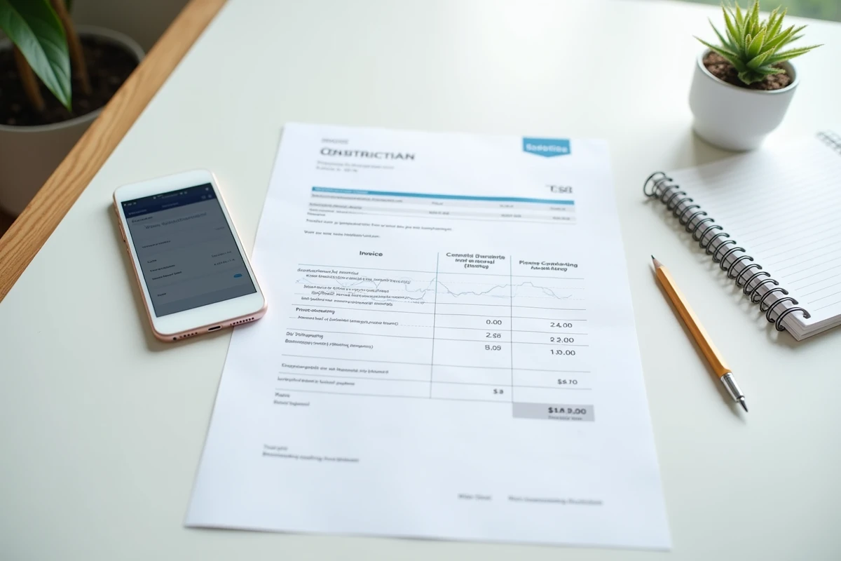 Vue aérienne d'un bureau avec comparatif de prix de formation en travaux imprimé et notes manuscrites