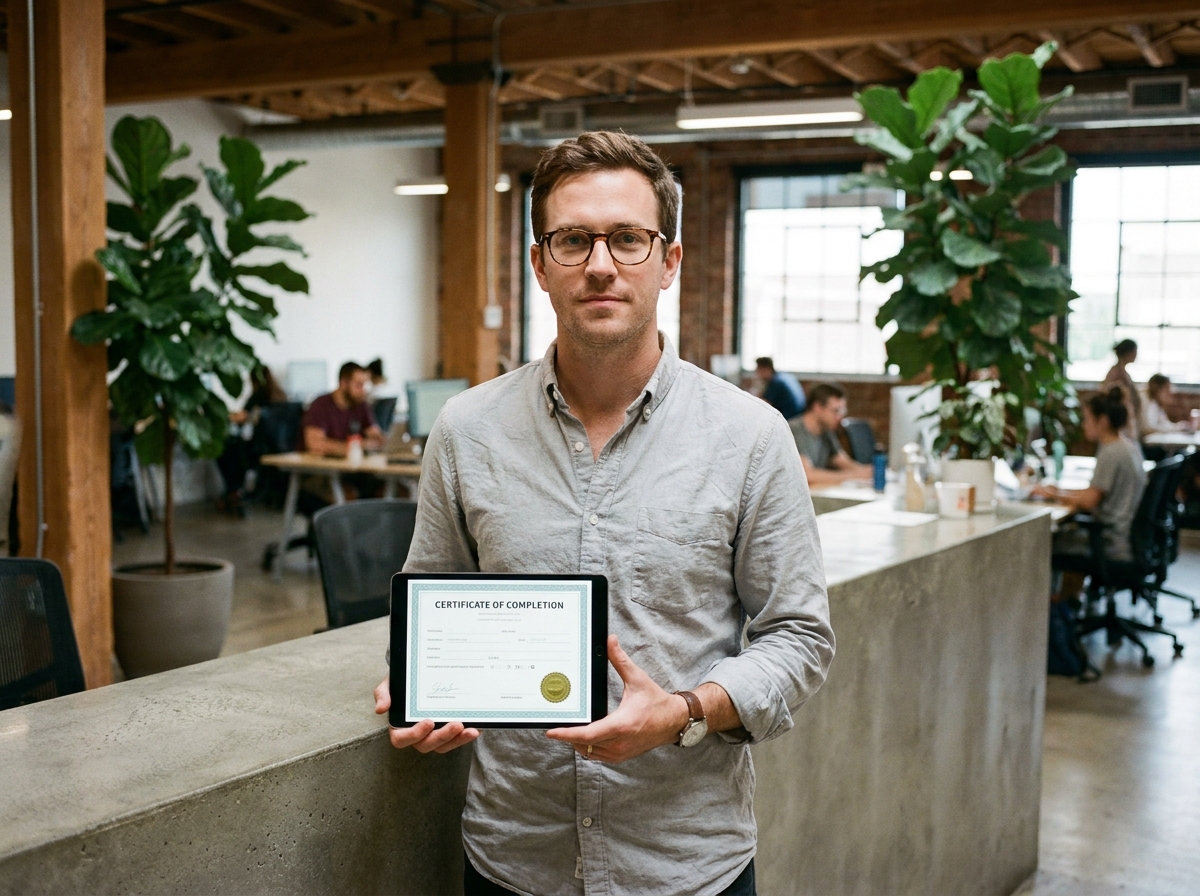 Homme comptable indépendant consultant une tablette avec formulaire de certification dans un espace de coworking moderne