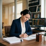 Comptable indépendante en blazer marine révisant des documents financiers dans un bureau professionnel organisé