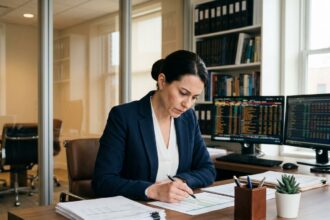 Comptable indépendante en blazer marine révisant des documents financiers dans un bureau professionnel organisé