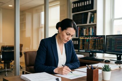 Comptable indépendante en blazer marine révisant des documents financiers dans un bureau professionnel organisé