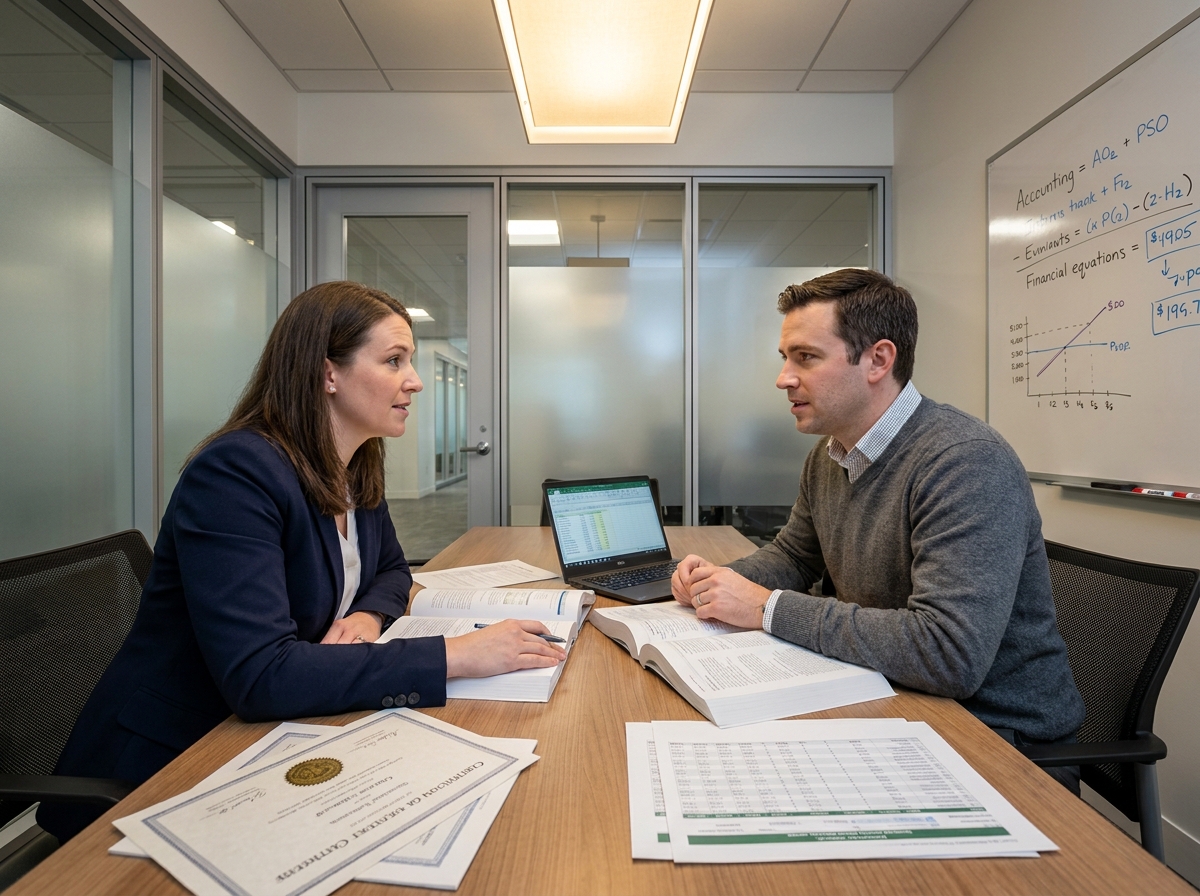 Deux professionnels de la comptabilité étudiant les conditions légales pour exercer comme comptable indépendant autour d'une table de réunion