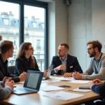 Participants à une conférence Clubformationdigital.fr réunis autour d'une table de réunion à Paris, échangeant leurs retours d'expérience après une session de formation digitale