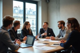 Participants à une conférence Clubformationdigital.fr réunis autour d'une table de réunion à Paris, échangeant leurs retours d'expérience après une session de formation digitale