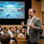 Conférencier en IA lors d'une présentation en auditorium