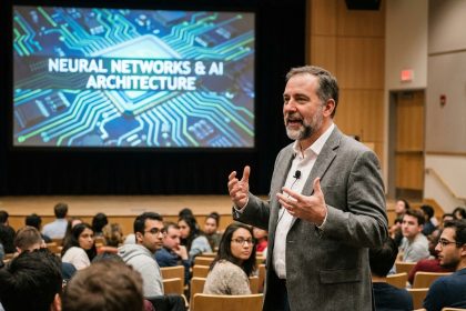 Conférencier en IA lors d'une présentation en auditorium